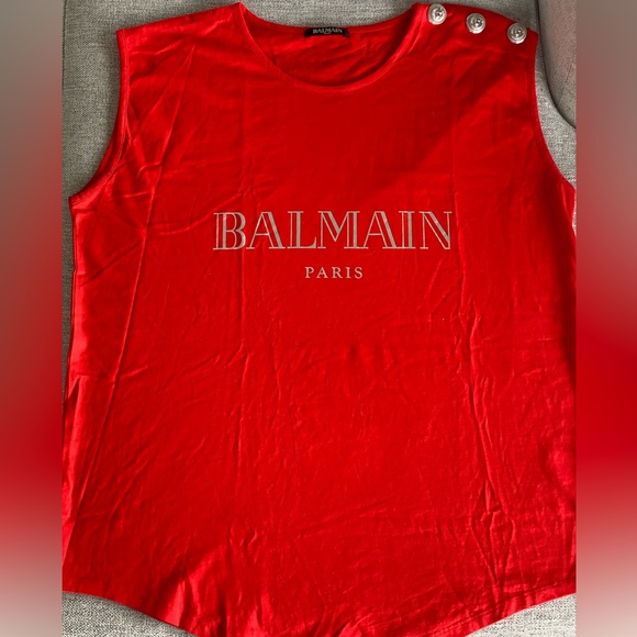 Balmain Red Buttoned Log Sleeveless T-Shirt - Picture 4 of 7